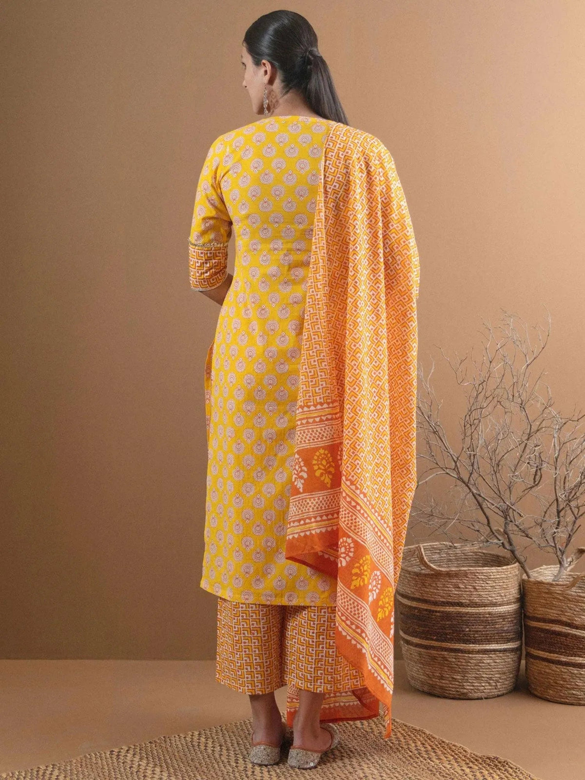 Anouk Yellow Printed Cotton Straight Kurta With Palazzos & Dupatta