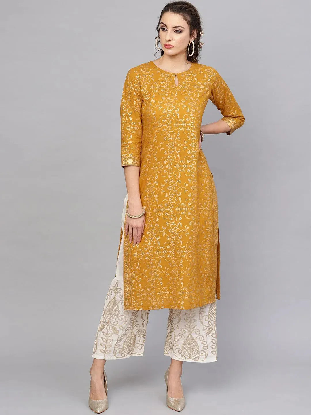 Anouk Yellow Printed Cotton Straight Kurta With Palazzos