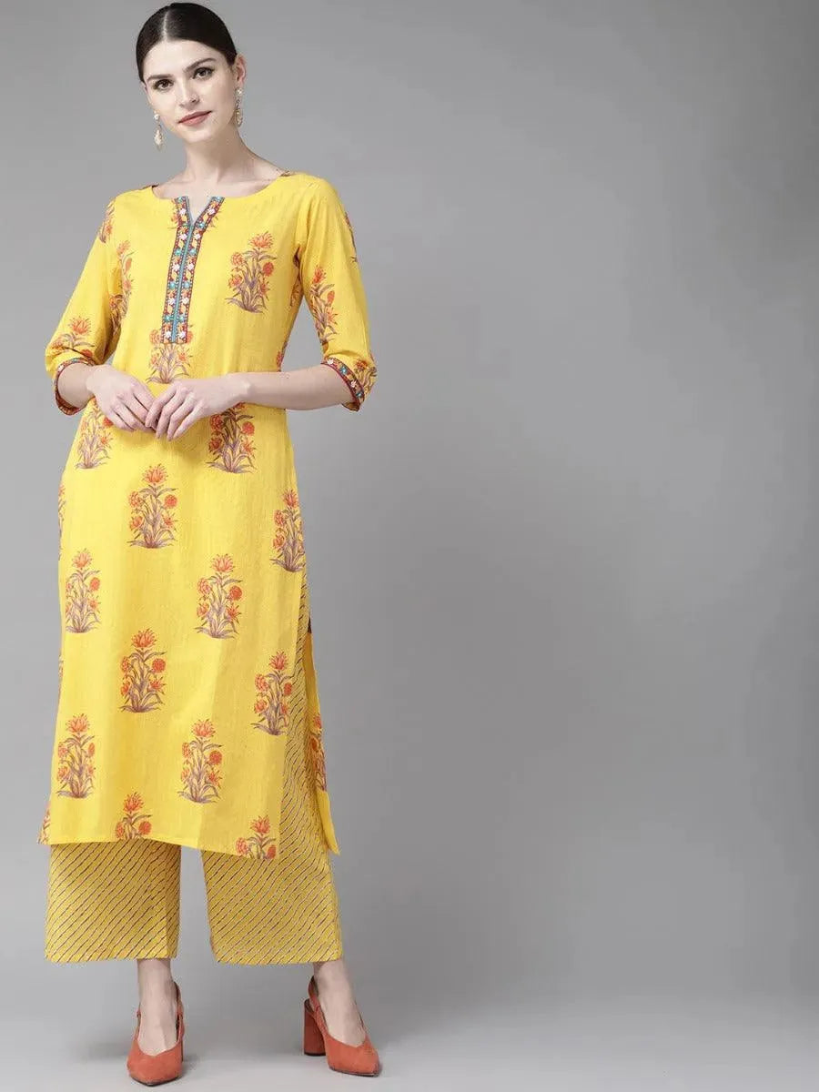 Anouk Yellow Printed Cotton Straight Kurta With Palazzos