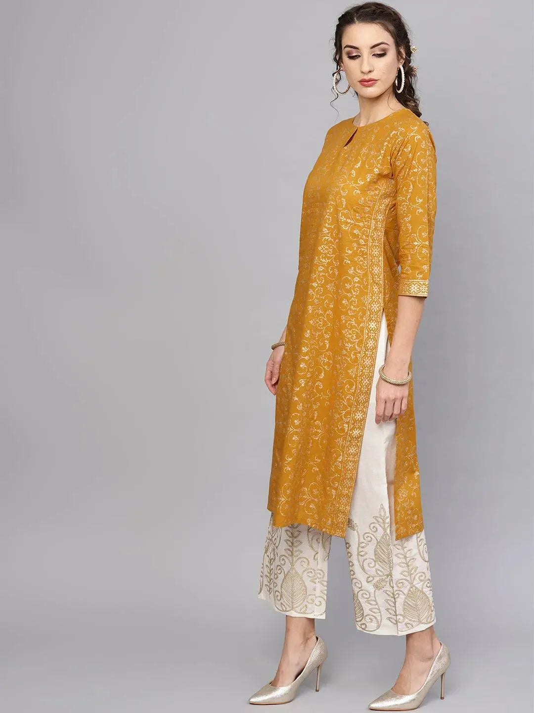 Anouk Yellow Printed Cotton Straight Kurta With Palazzos
