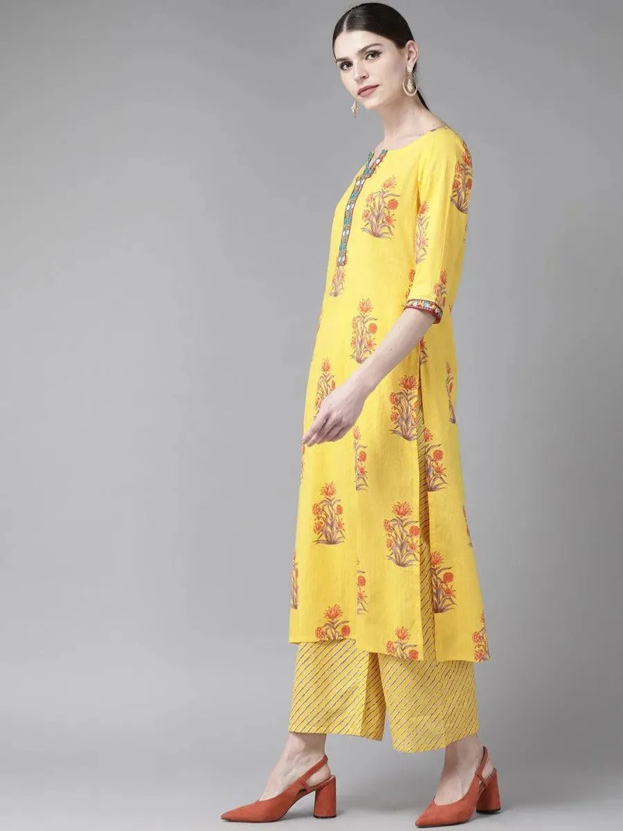Anouk Yellow Printed Cotton Straight Kurta With Palazzos