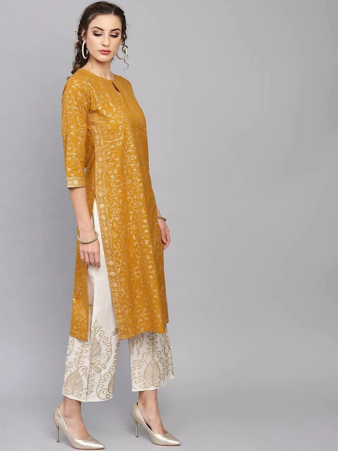 Anouk Yellow Printed Cotton Straight Kurta With Palazzos