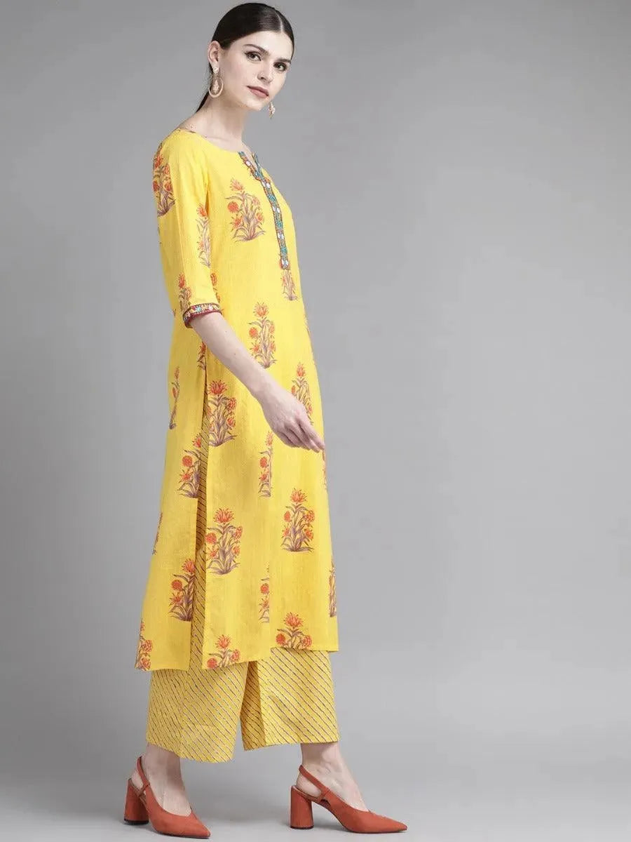 Anouk Yellow Printed Cotton Straight Kurta With Palazzos