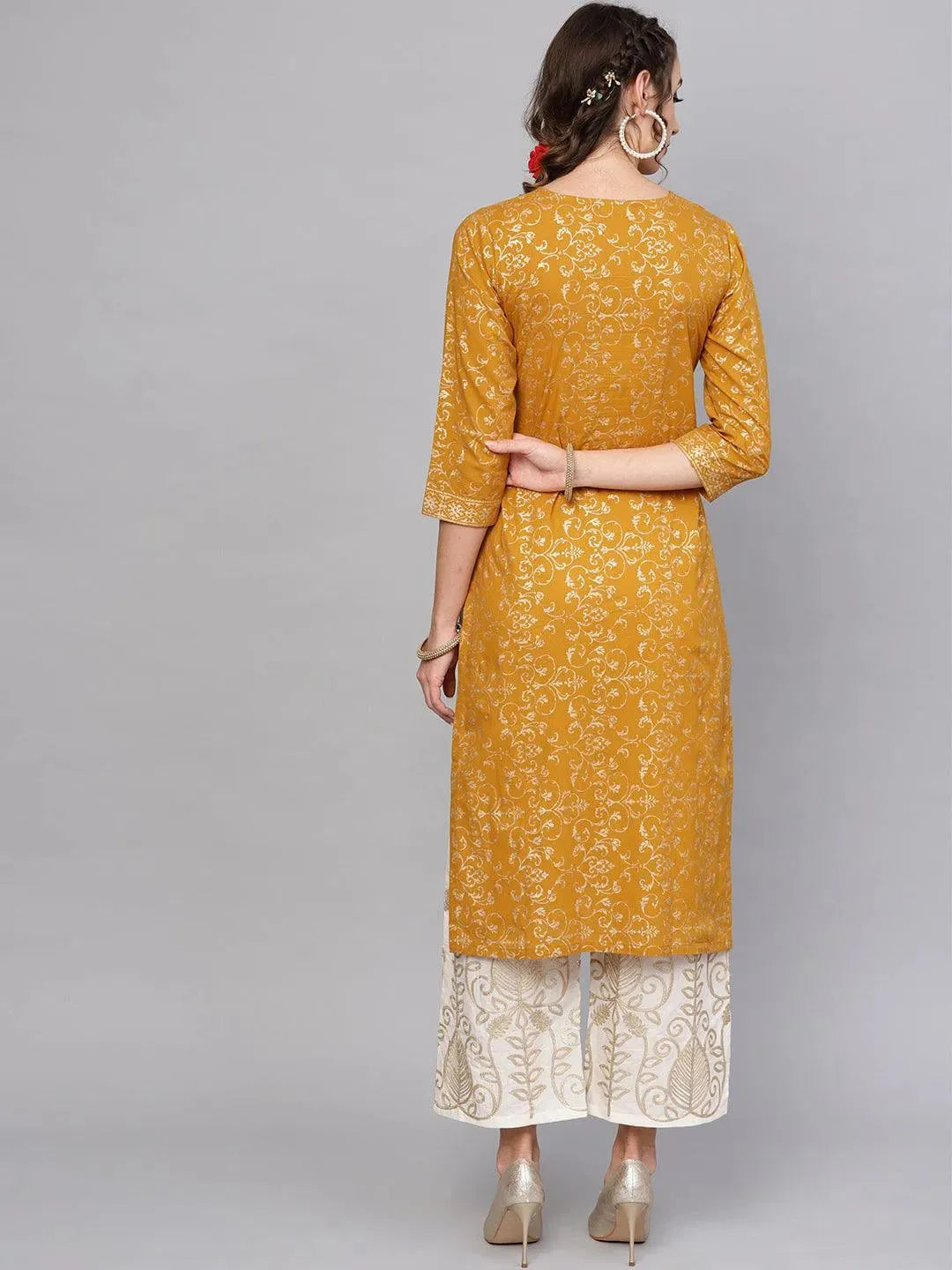Anouk Yellow Printed Cotton Straight Kurta With Palazzos