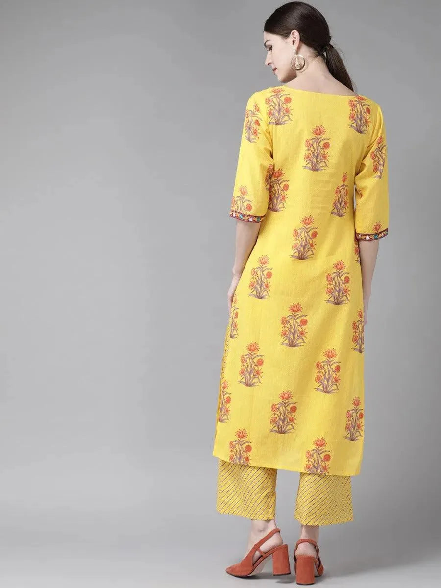 Anouk Yellow Printed Cotton Straight Kurta With Palazzos