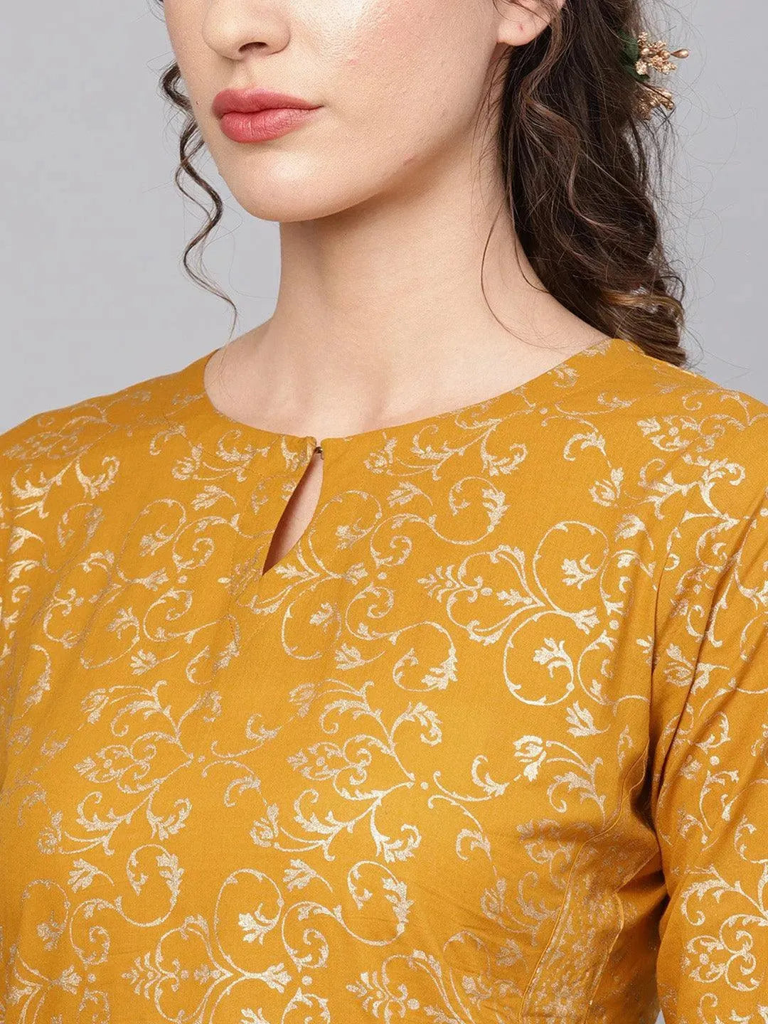 Anouk Yellow Printed Cotton Straight Kurta With Palazzos