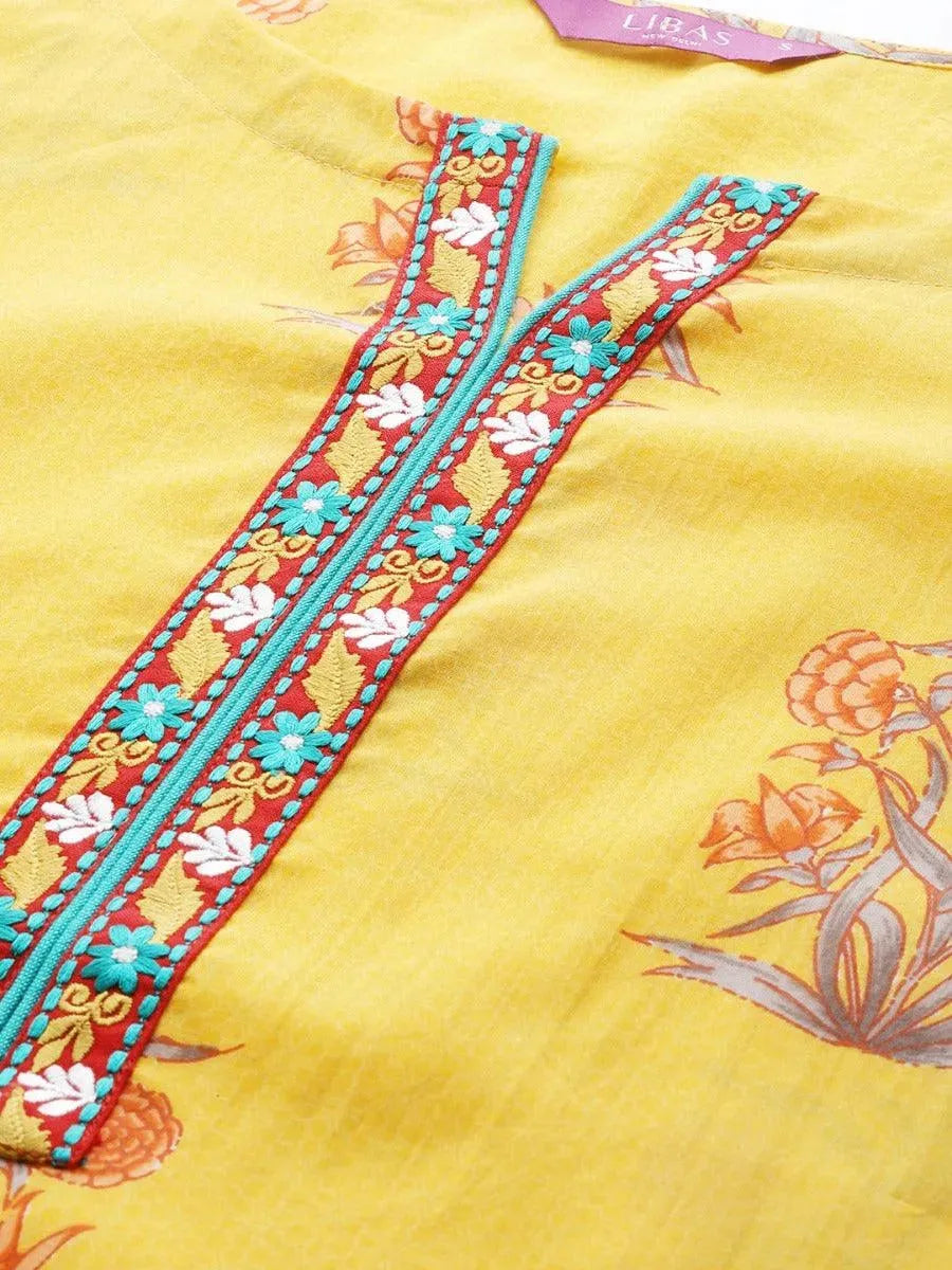Anouk Yellow Printed Cotton Straight Kurta With Palazzos