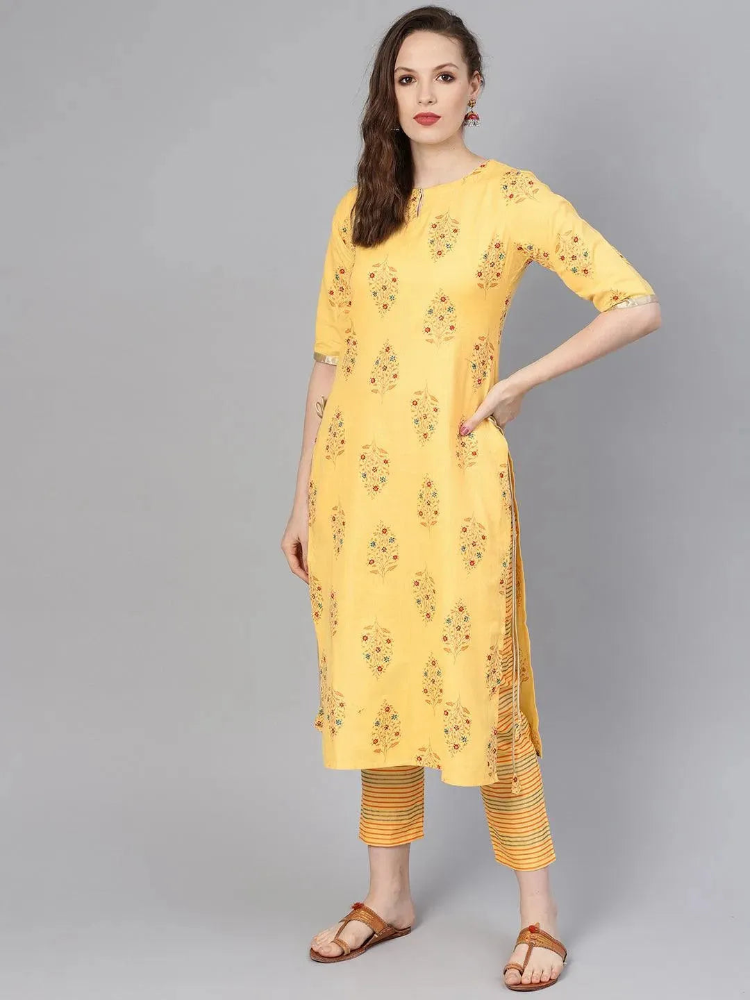 Anouk Yellow Printed Cotton Straight Kurta With Trousers