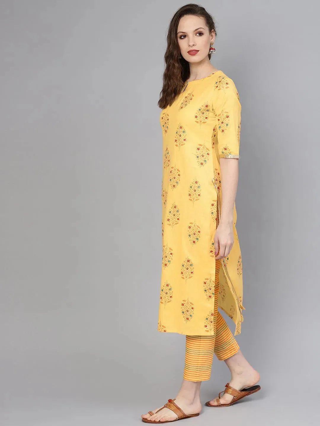 Anouk Yellow Printed Cotton Straight Kurta With Trousers