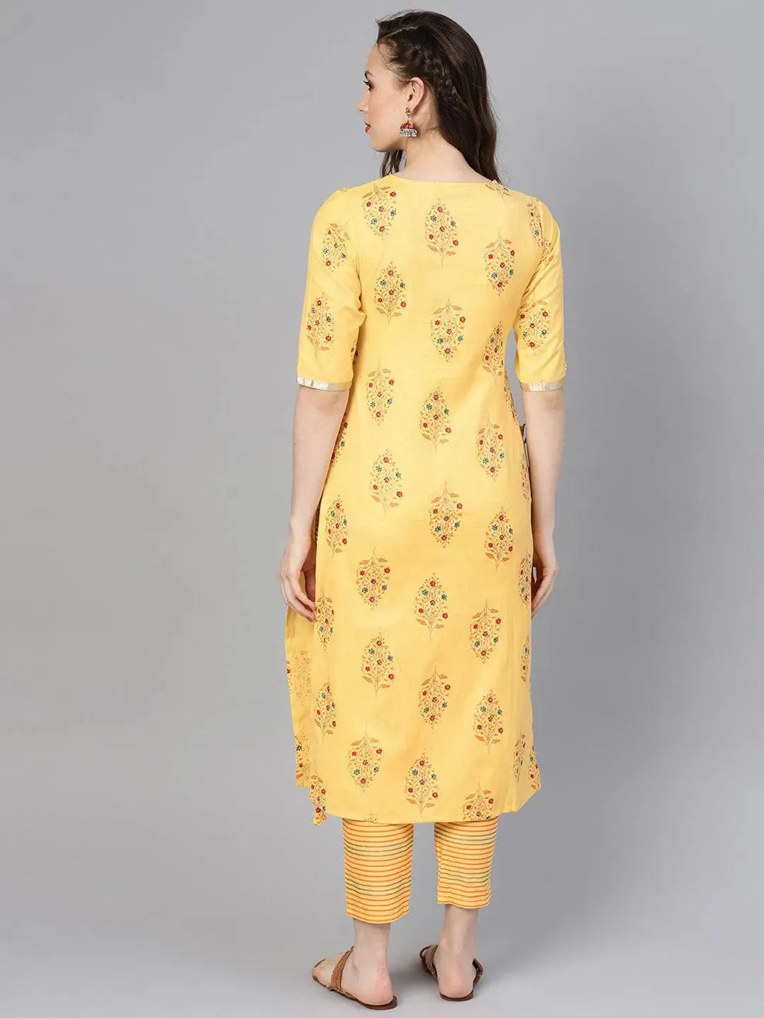 Anouk Yellow Printed Cotton Straight Kurta With Trousers