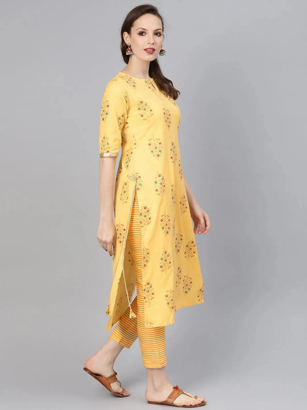 Anouk Yellow Printed Cotton Straight Kurta With Trousers