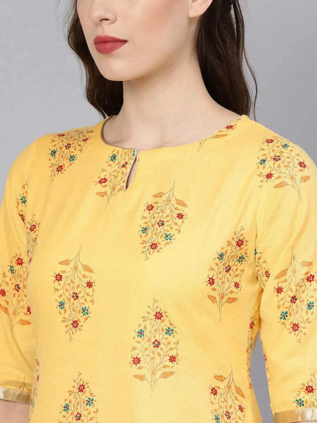 Anouk Yellow Printed Cotton Straight Kurta With Trousers