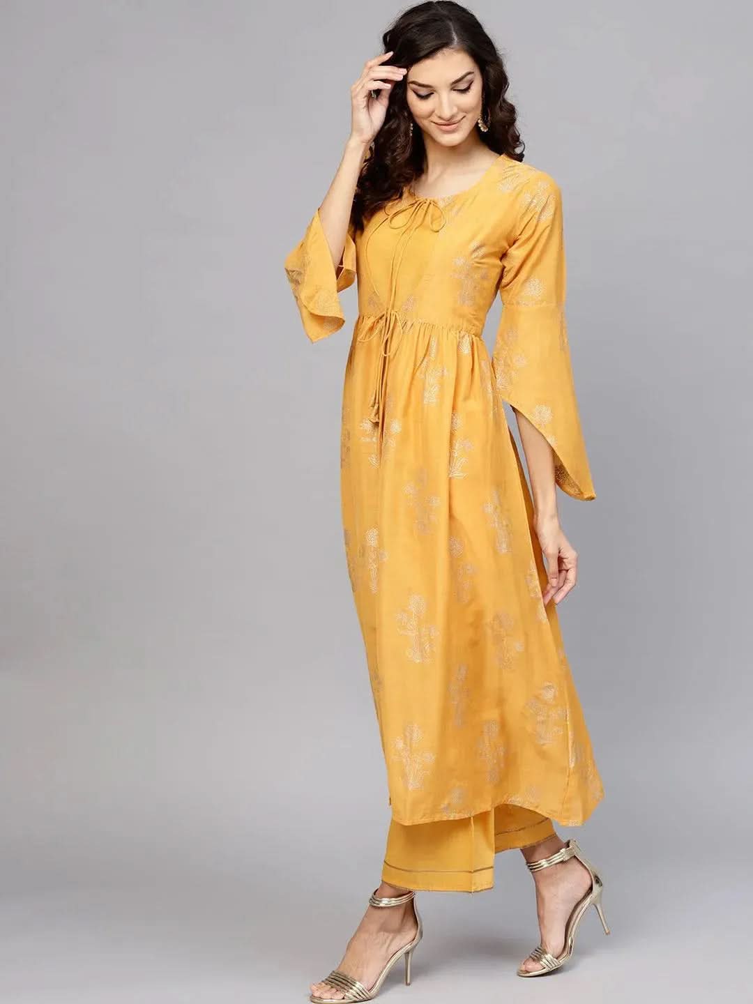Anouk Yellow Printed Muslin A-Line Kurta With Palazzos