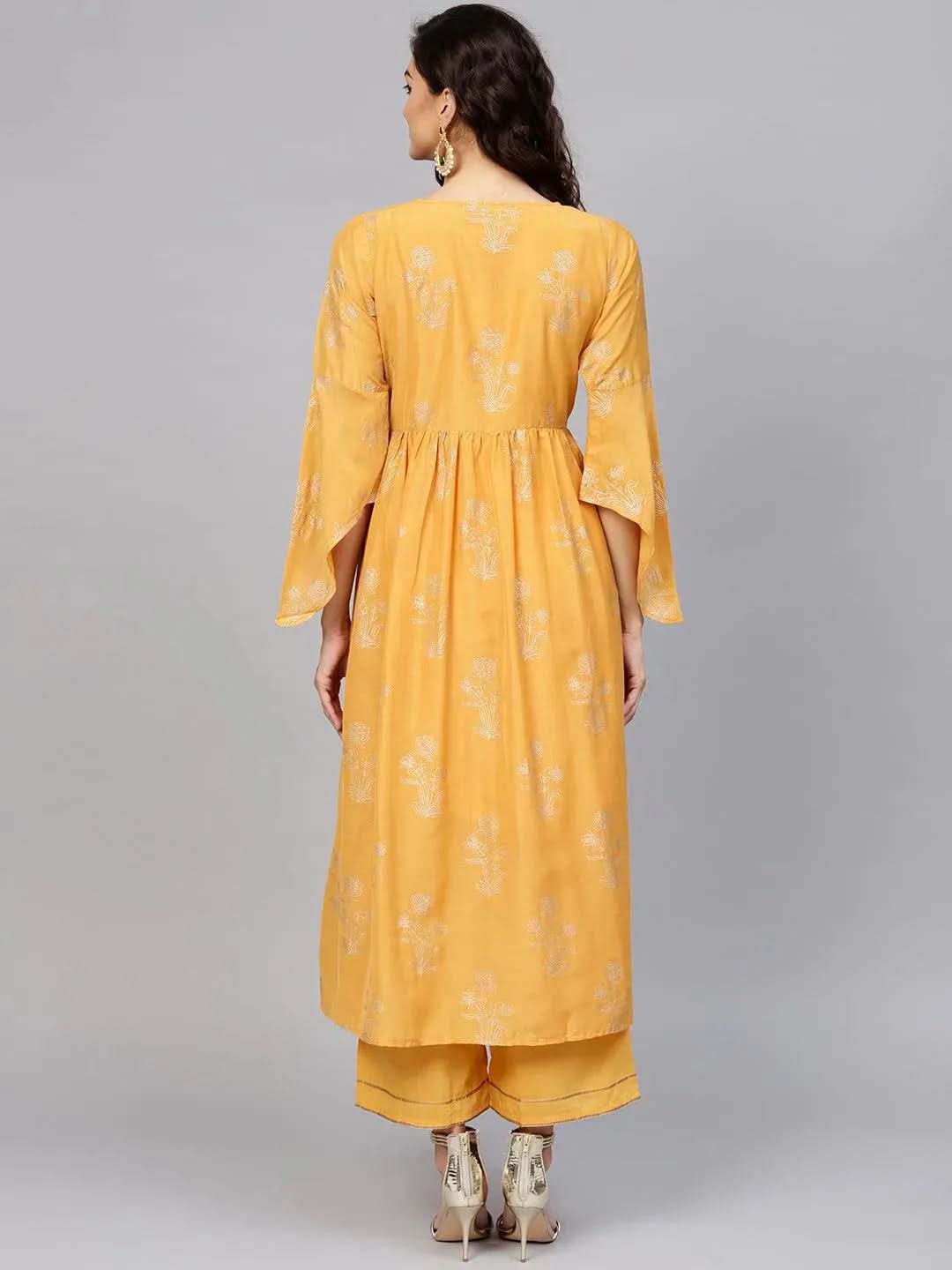 Anouk Yellow Printed Muslin A-Line Kurta With Palazzos