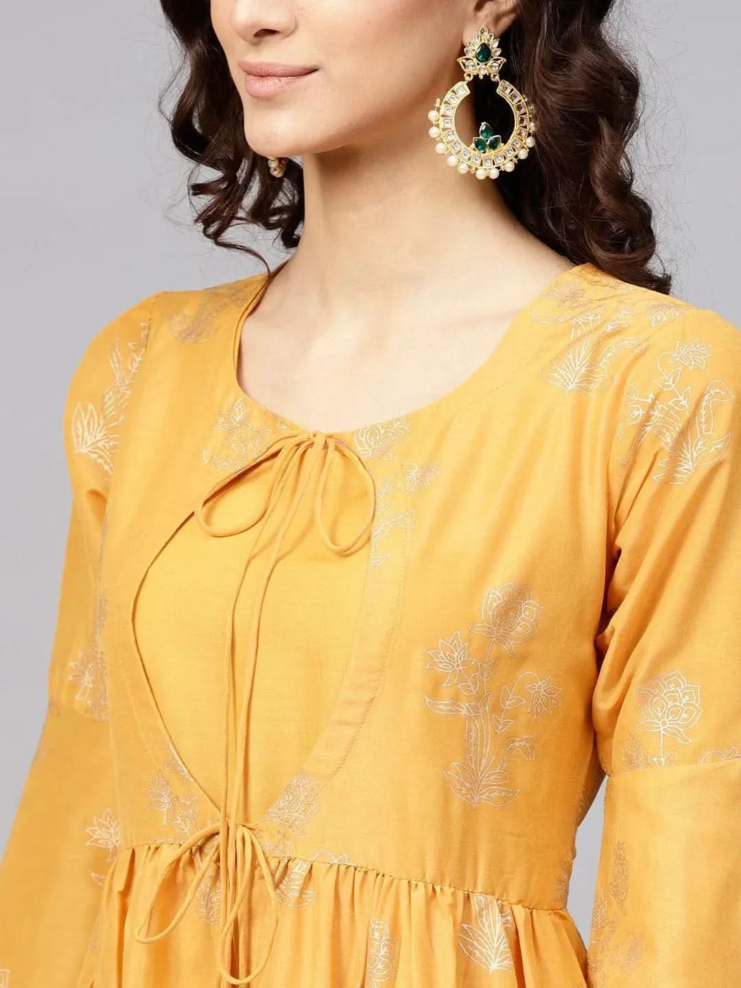 Anouk Yellow Printed Muslin A-Line Kurta With Palazzos