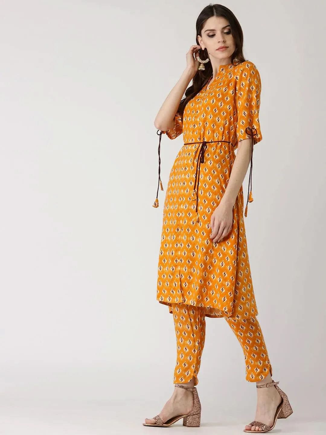 Anouk Yellow Printed Rayon A-Line Kurta With Trousers