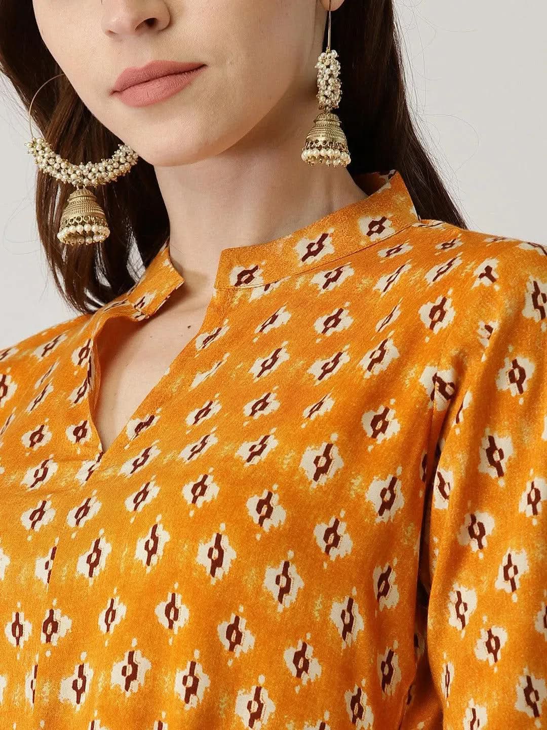 Anouk Yellow Printed Rayon A-Line Kurta With Trousers