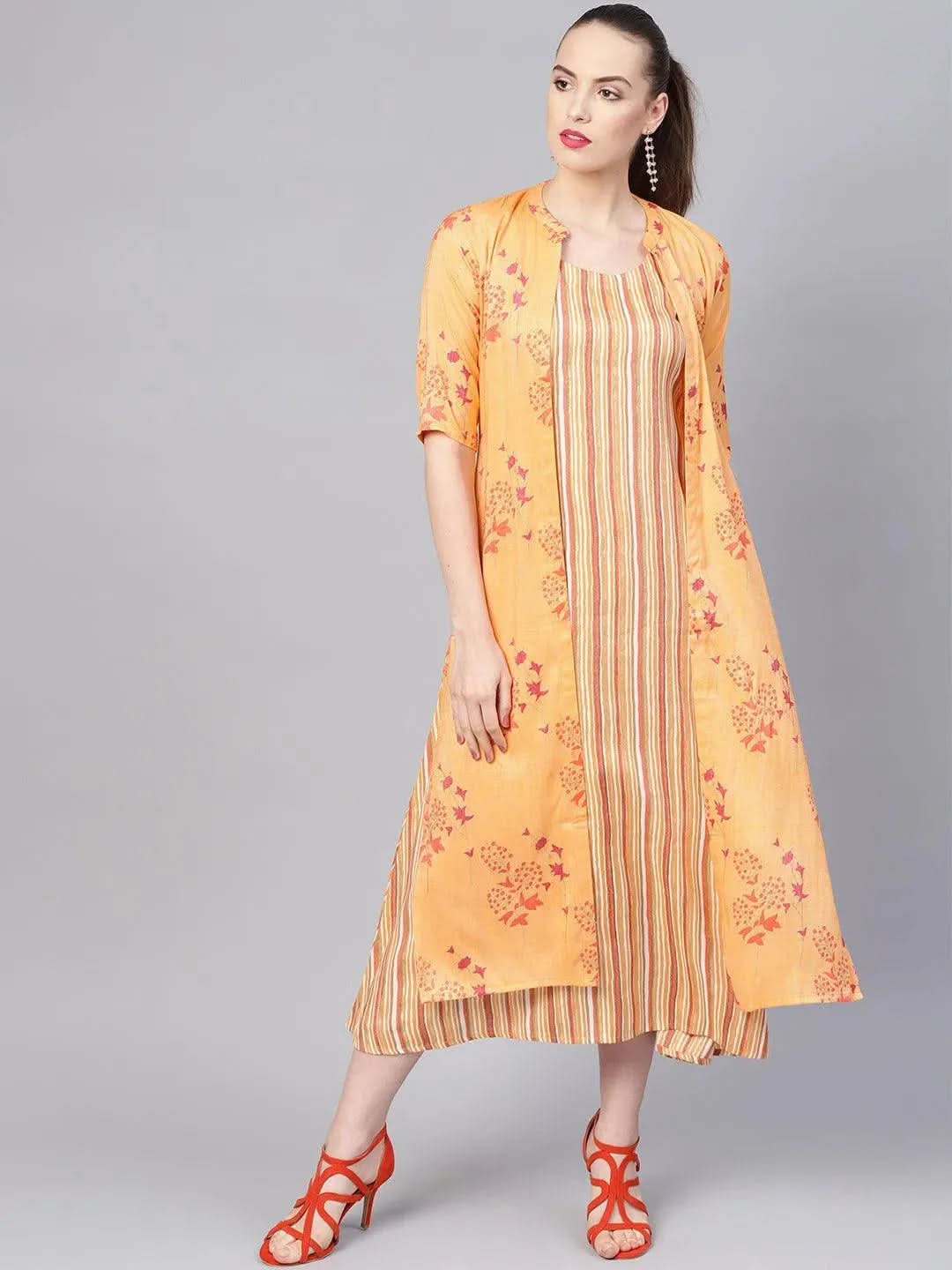 Anouk Yellow Printed Rayon Dress With Jacket