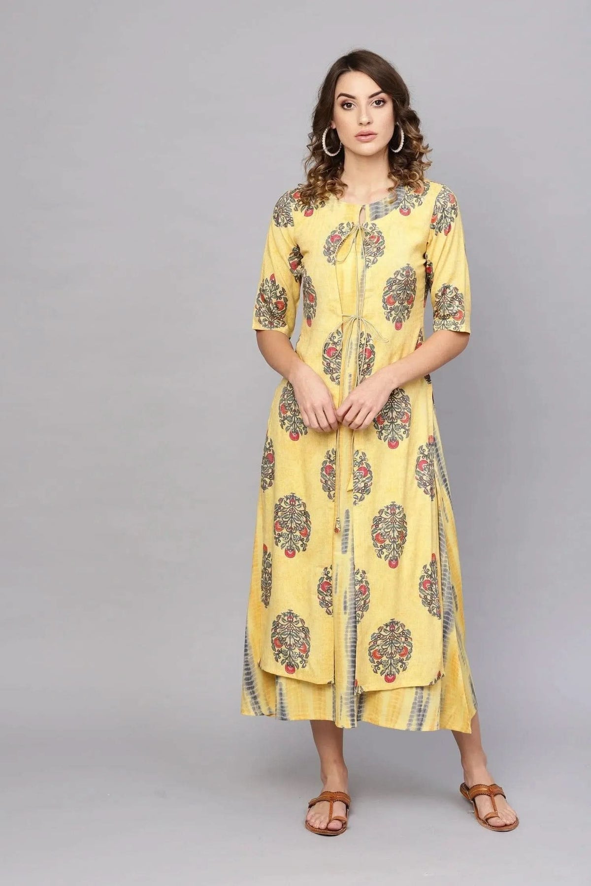 Anouk Yellow Printed Rayon Dress With Jacket