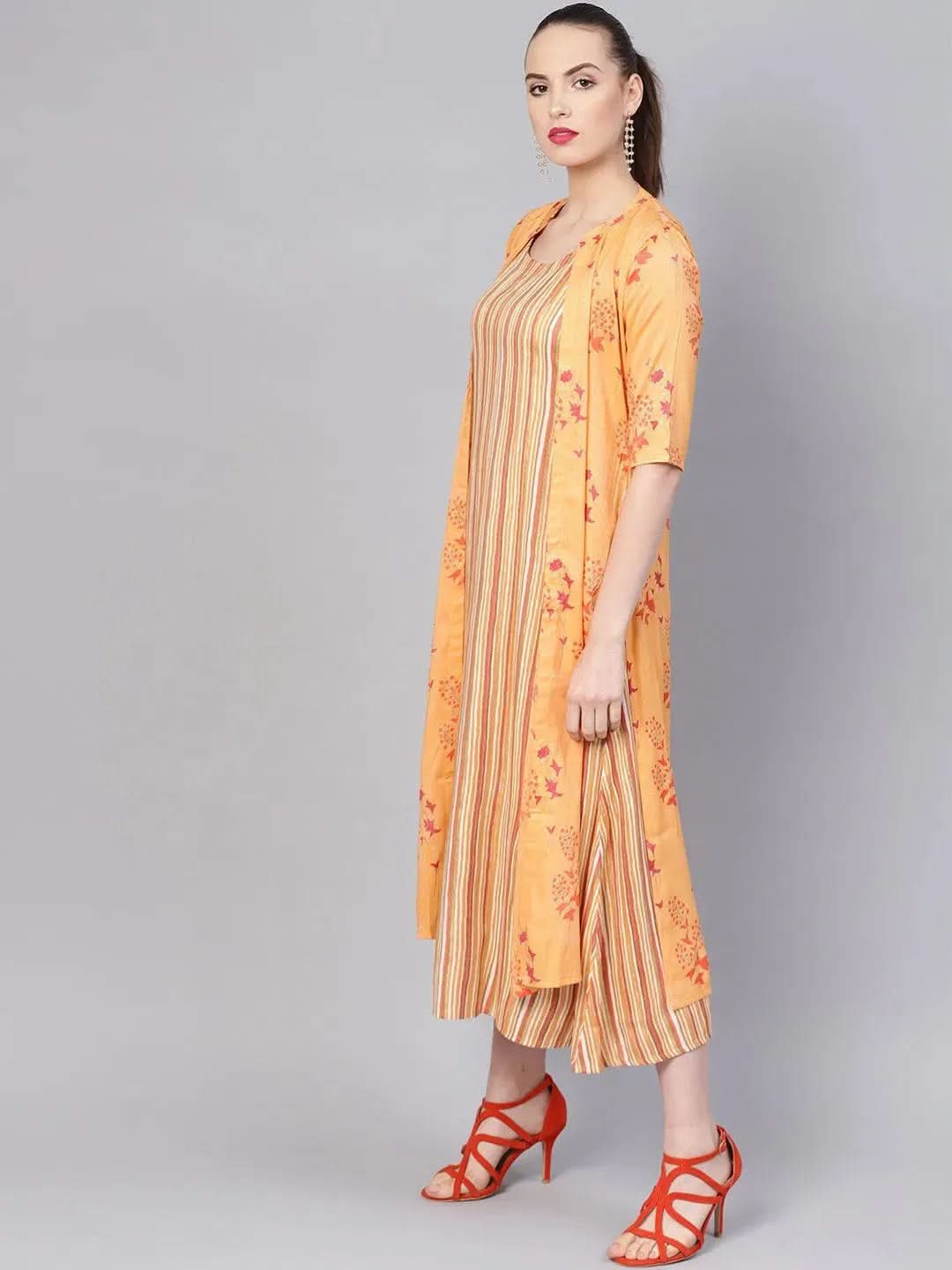 Anouk Yellow Printed Rayon Dress With Jacket