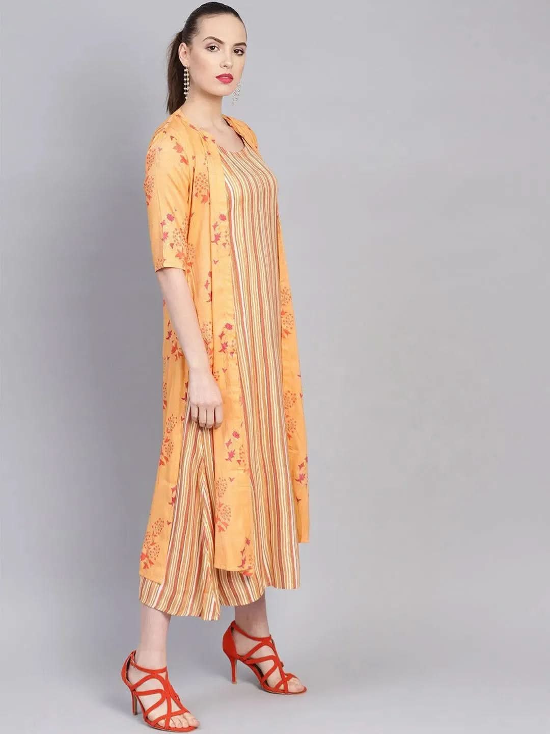 Anouk Yellow Printed Rayon Dress With Jacket