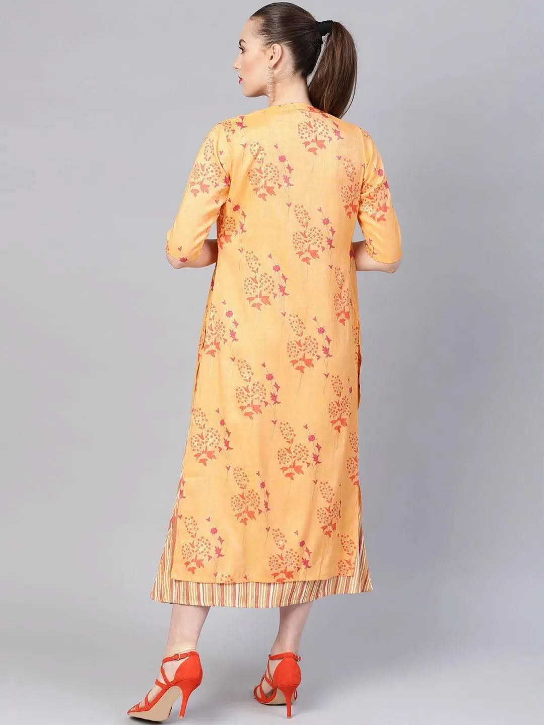 Anouk Yellow Printed Rayon Dress With Jacket