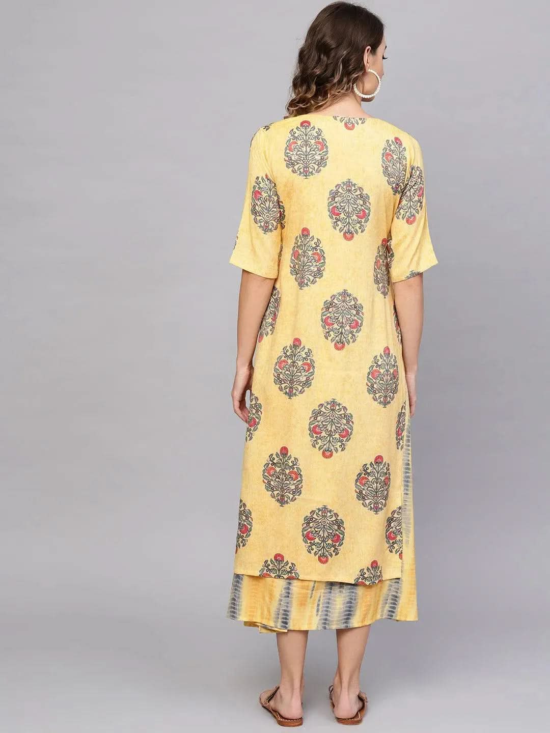 Anouk Yellow Printed Rayon Dress With Jacket