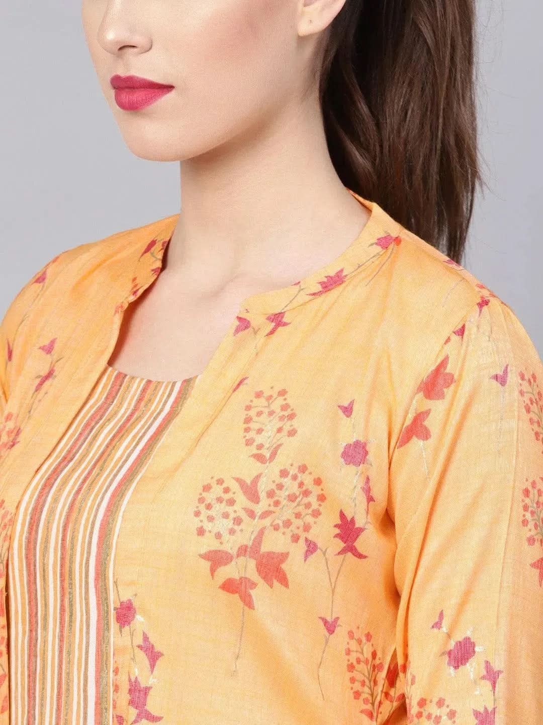 Anouk Yellow Printed Rayon Dress With Jacket