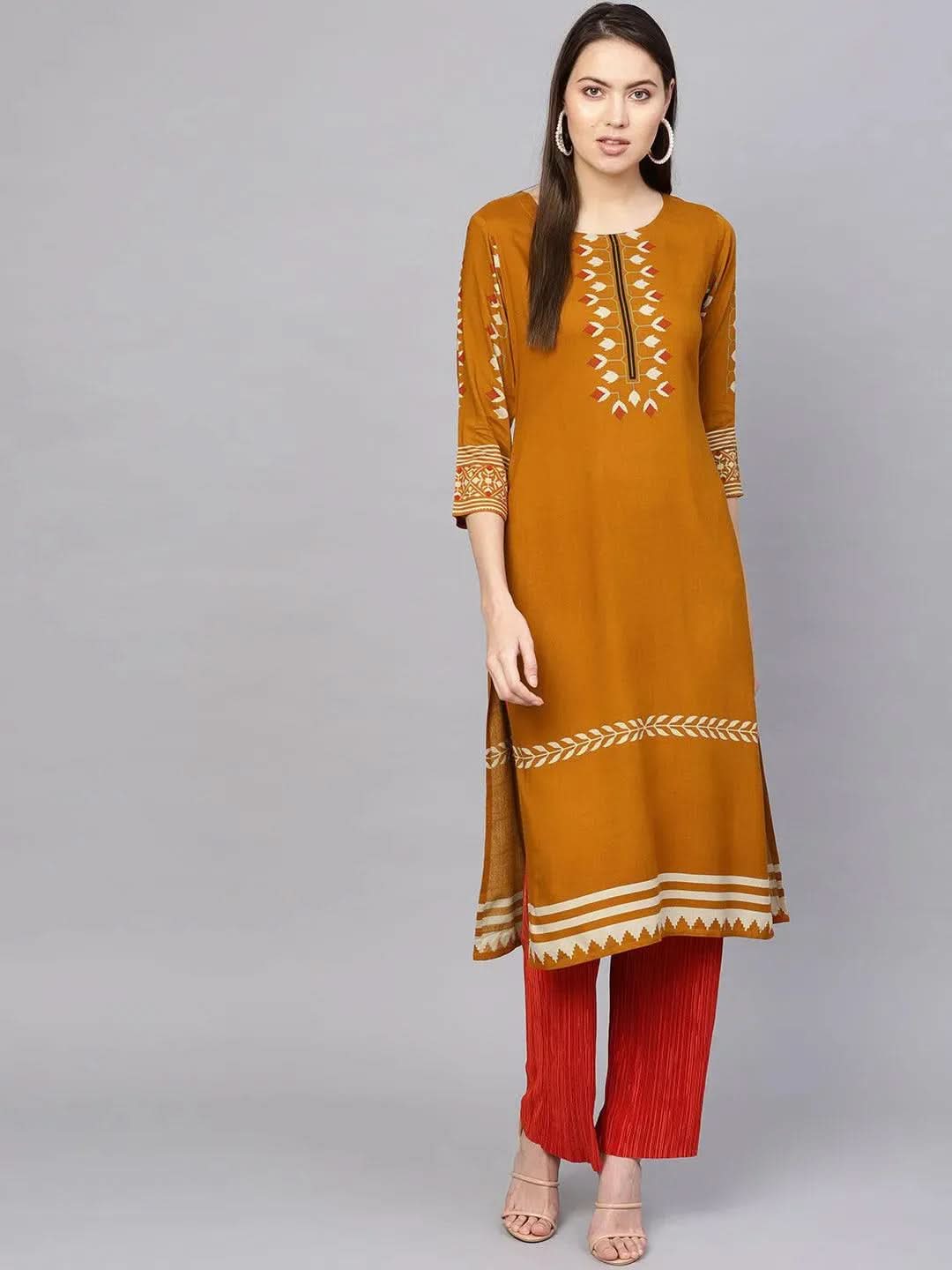 Anouk Yellow Printed Rayon Kurta