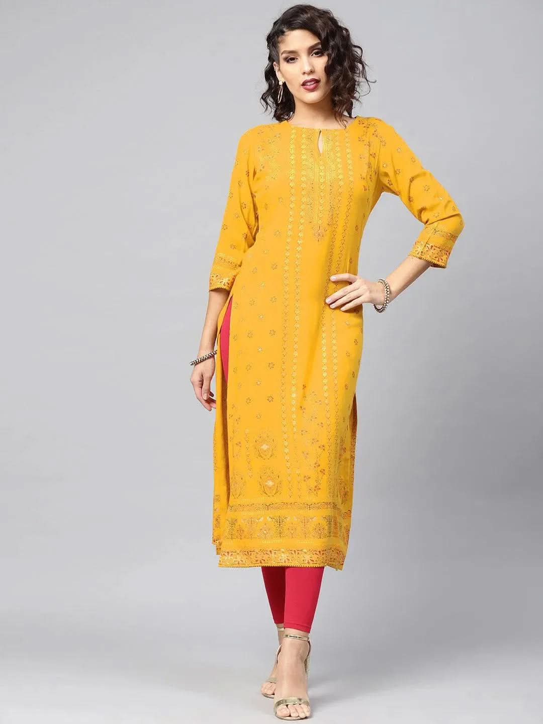 Anouk Yellow Printed Rayon Kurta