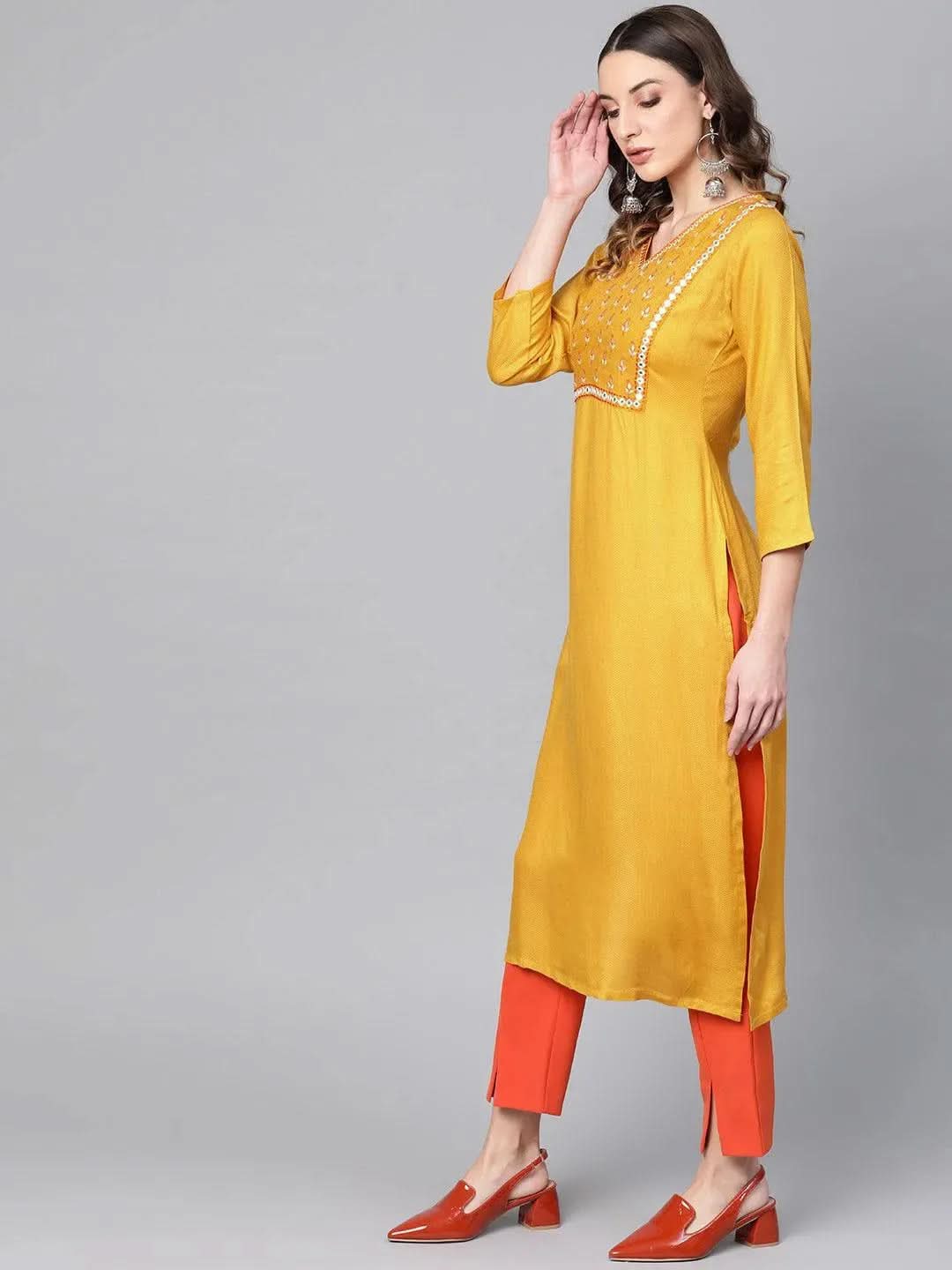 Anouk Yellow Printed Rayon Kurta