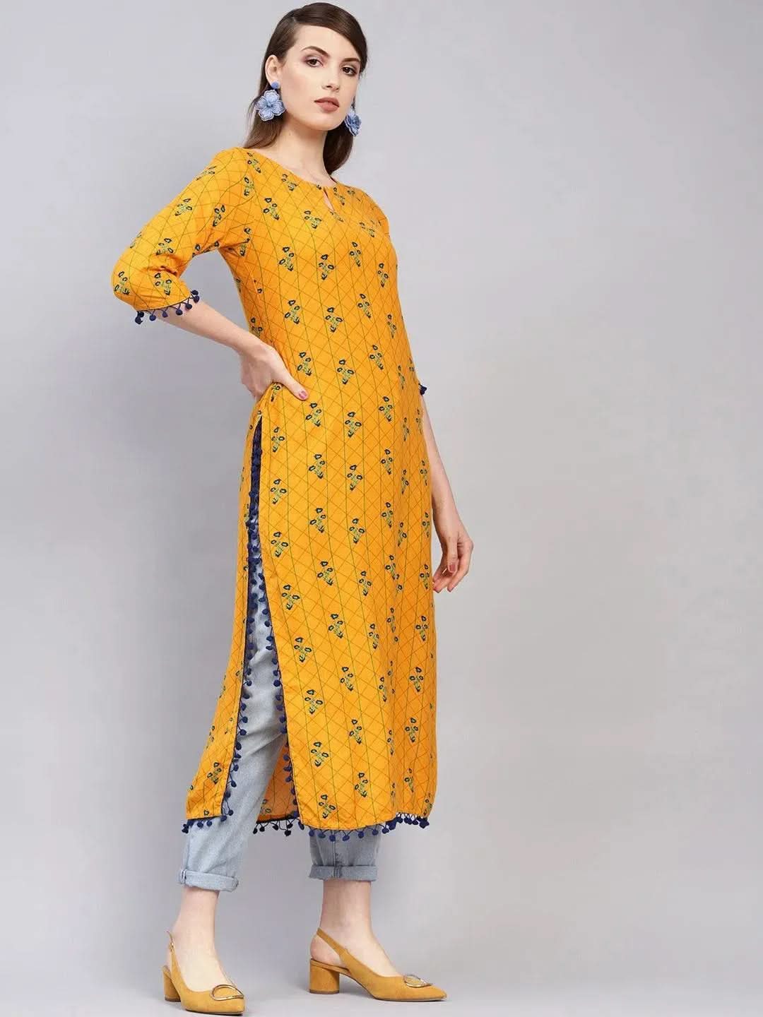 Anouk Yellow Printed Rayon Kurta