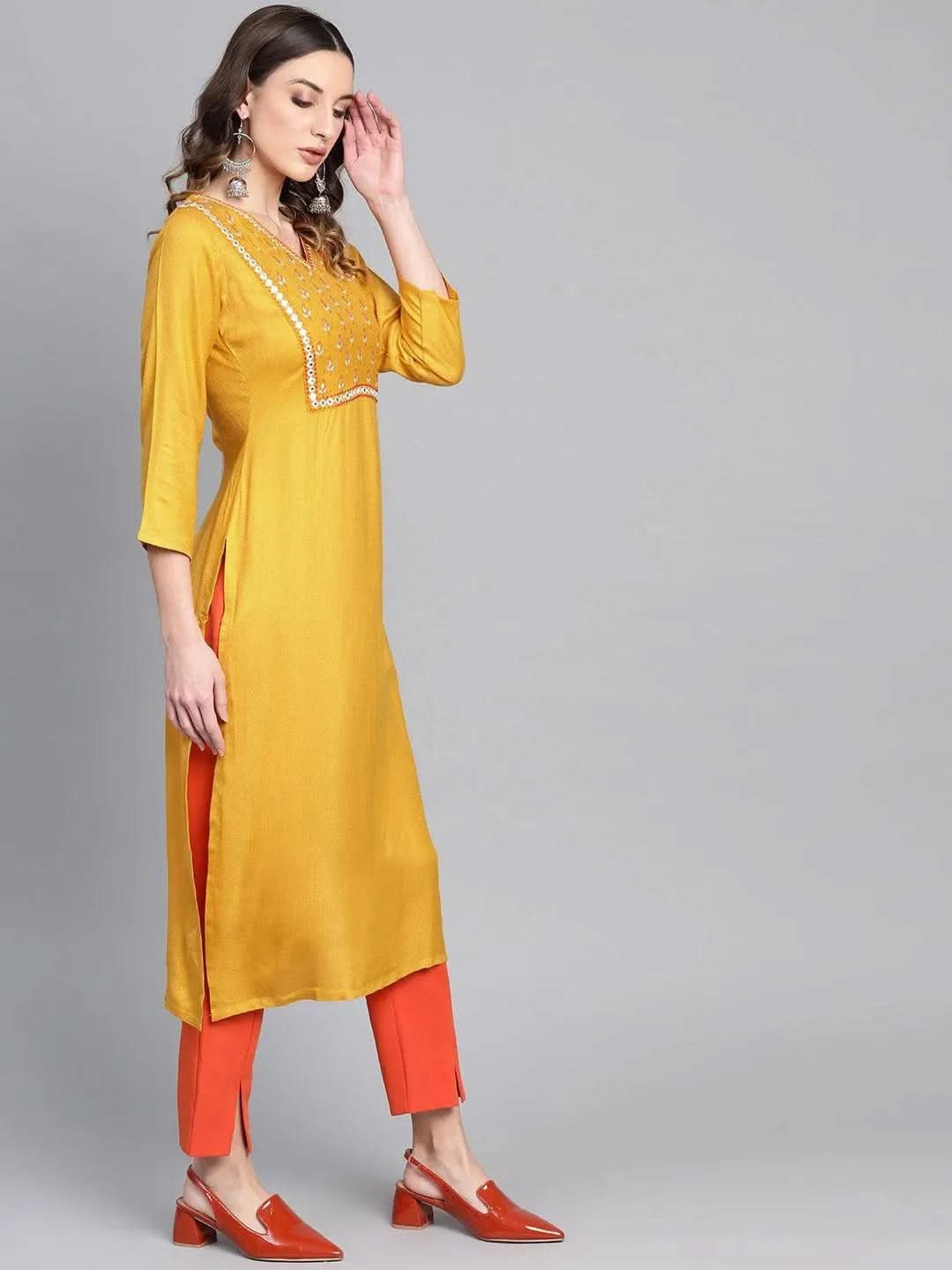 Anouk Yellow Printed Rayon Kurta