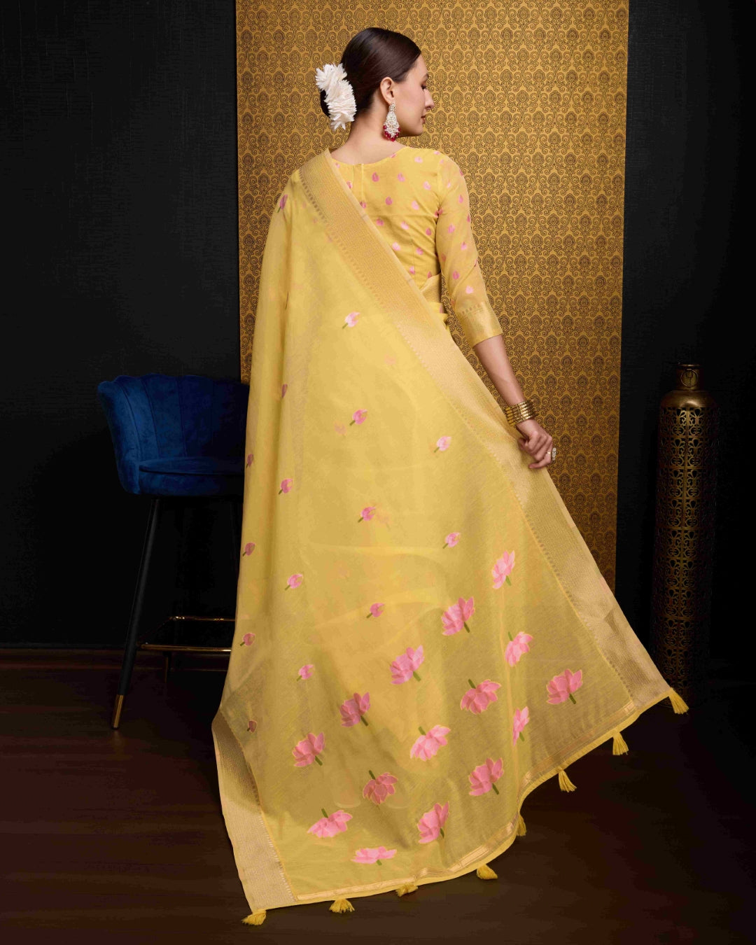 Yellow Radiant Floral Printed Saree with Zari Border