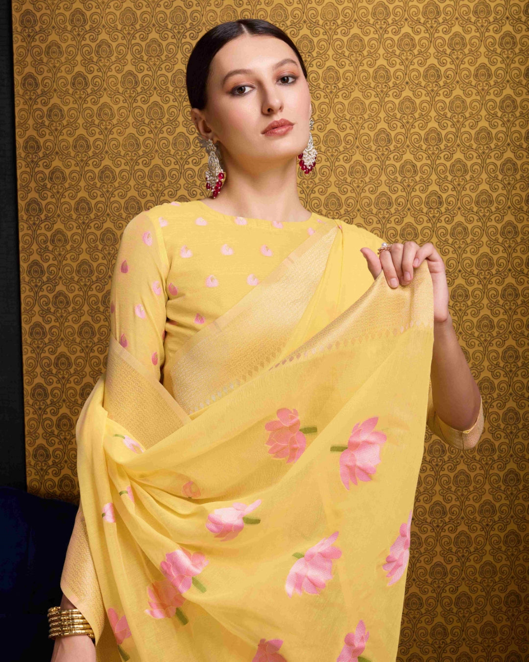 Yellow Radiant Floral Printed Saree with Zari Border