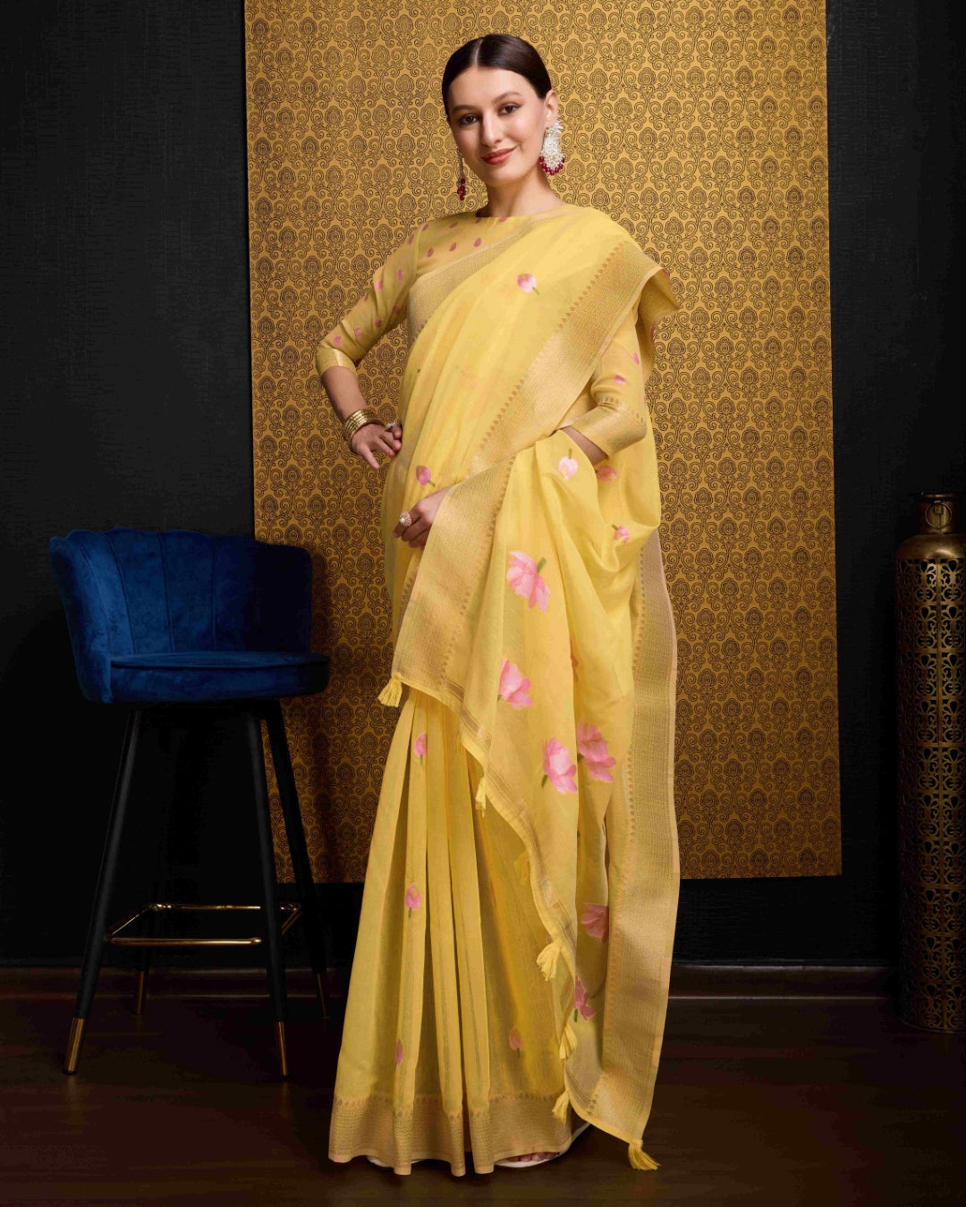 Yellow Radiant Floral Printed Saree with Zari Border