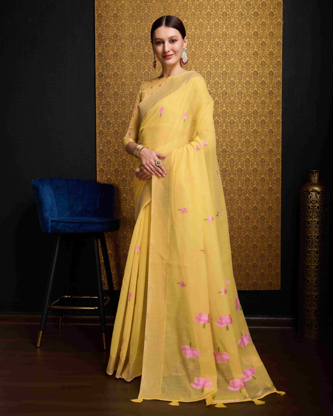 Yellow Radiant Floral Printed Saree with Zari Border
