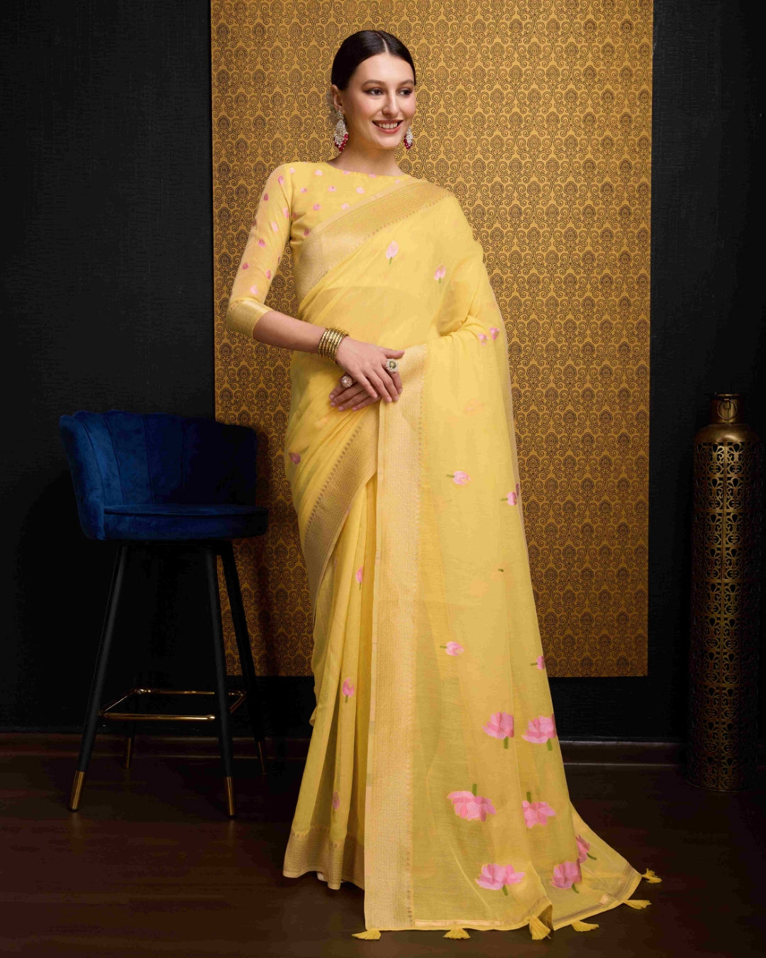 Yellow Radiant Floral Printed Saree with Zari Border