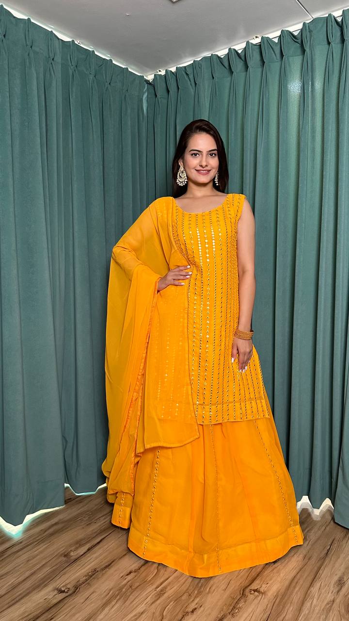 Yellow Radiant Georgette Lehenga Set & Paper Mirror Work