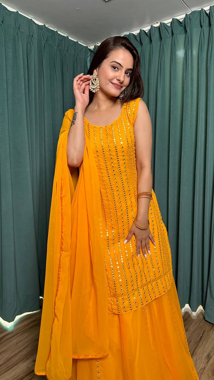 Yellow Radiant Georgette Lehenga Set & Paper Mirror Work