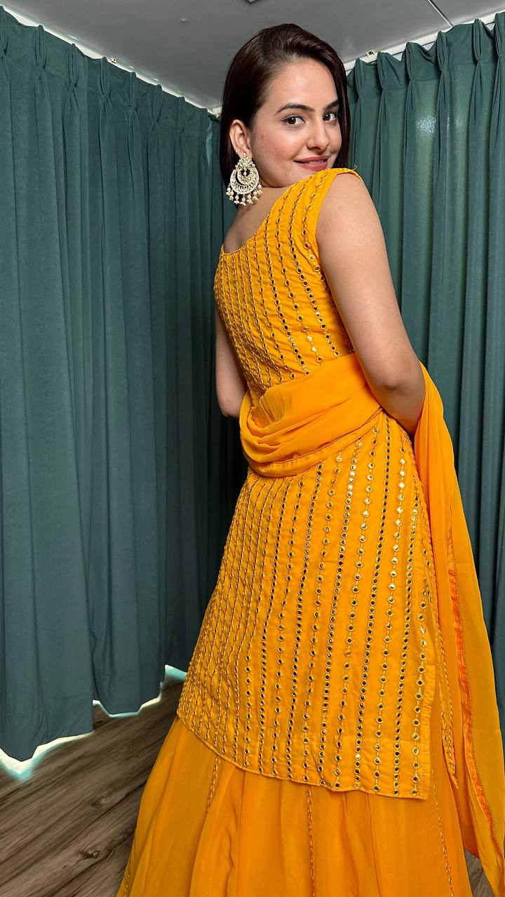 Yellow Radiant Georgette Lehenga Set & Paper Mirror Work