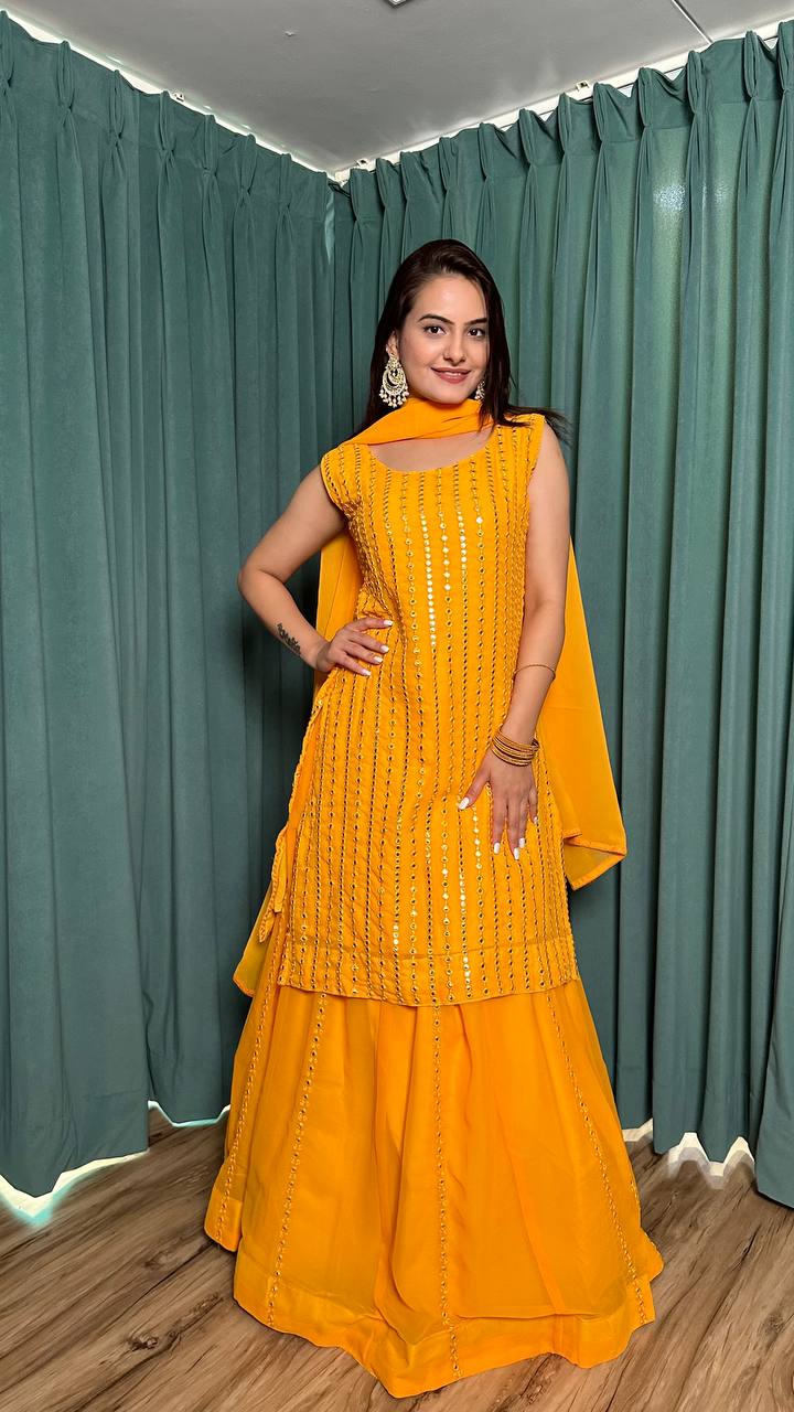 Yellow Radiant Georgette Lehenga Set & Paper Mirror Work