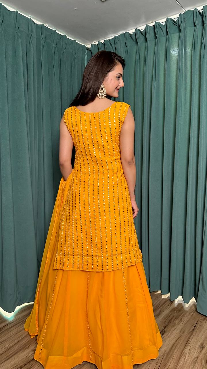 Yellow Radiant Georgette Lehenga Set & Paper Mirror Work
