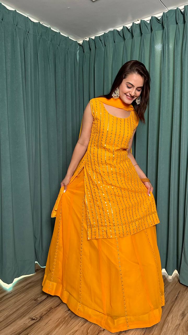 Yellow Radiant Georgette Lehenga Set & Paper Mirror Work