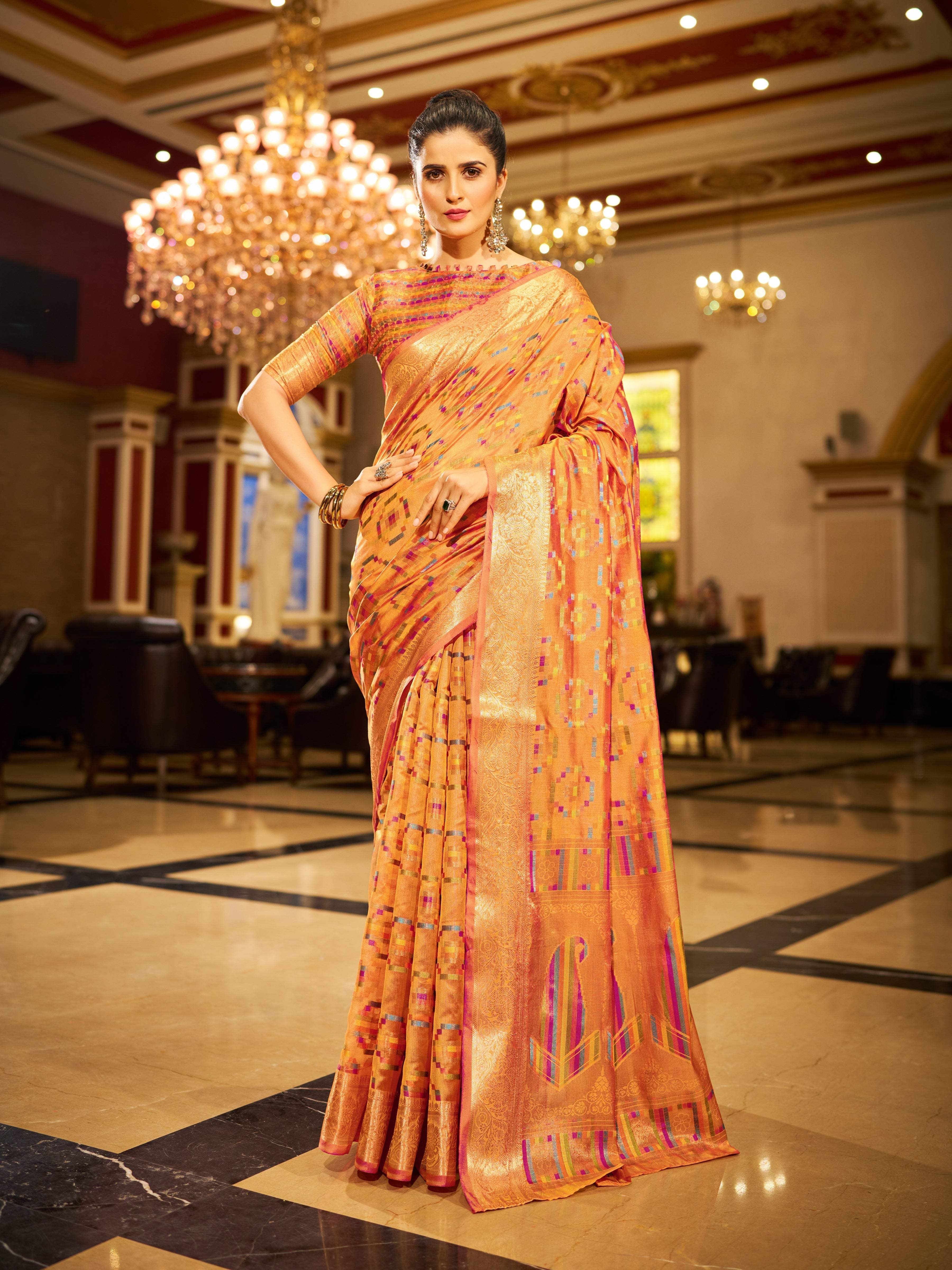 Yellow Regal Kanjeevaram Organza Saree with Zari Woven Border
