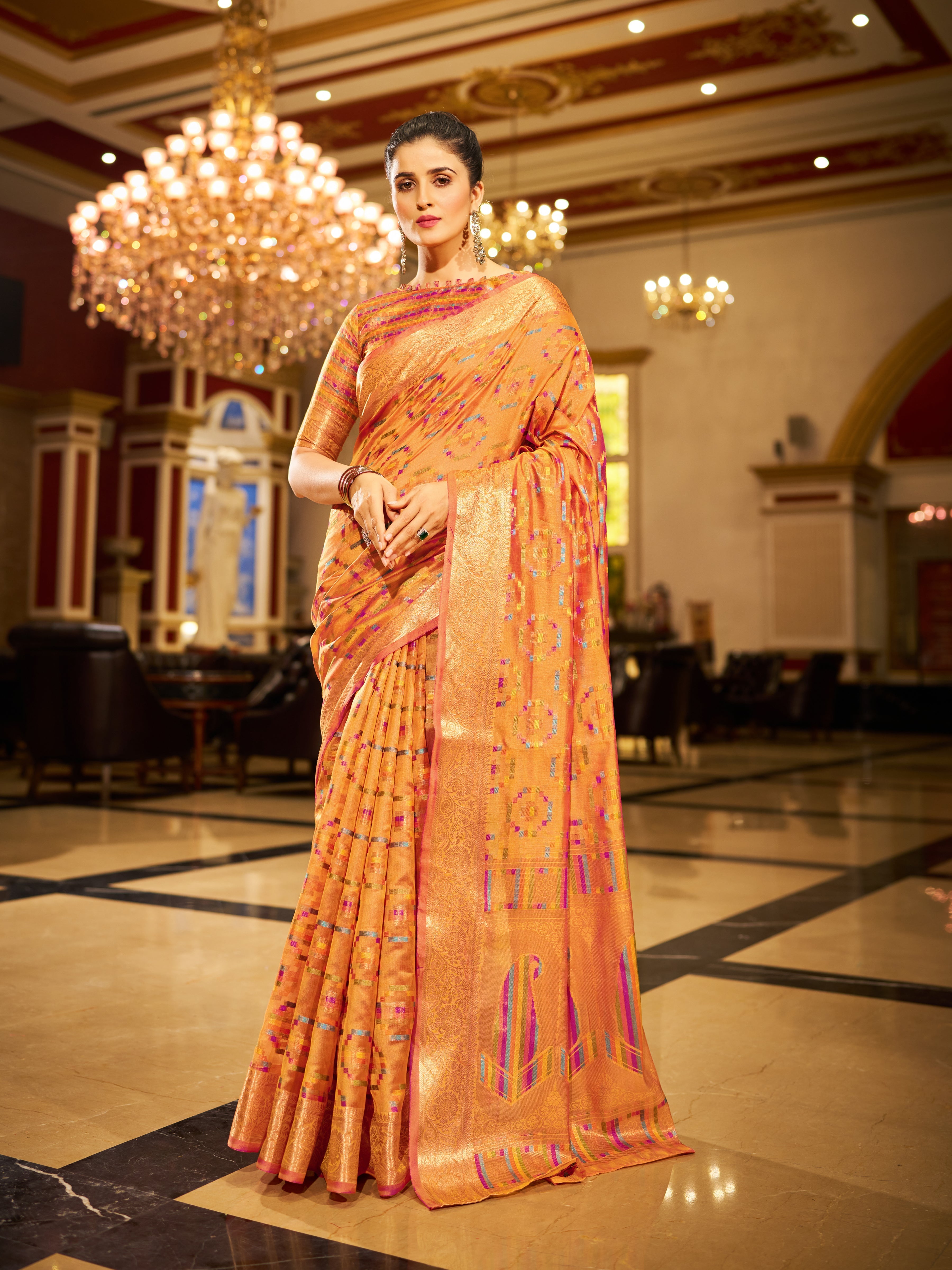 Yellow Regal Kanjeevaram Organza Saree with Zari Woven Border