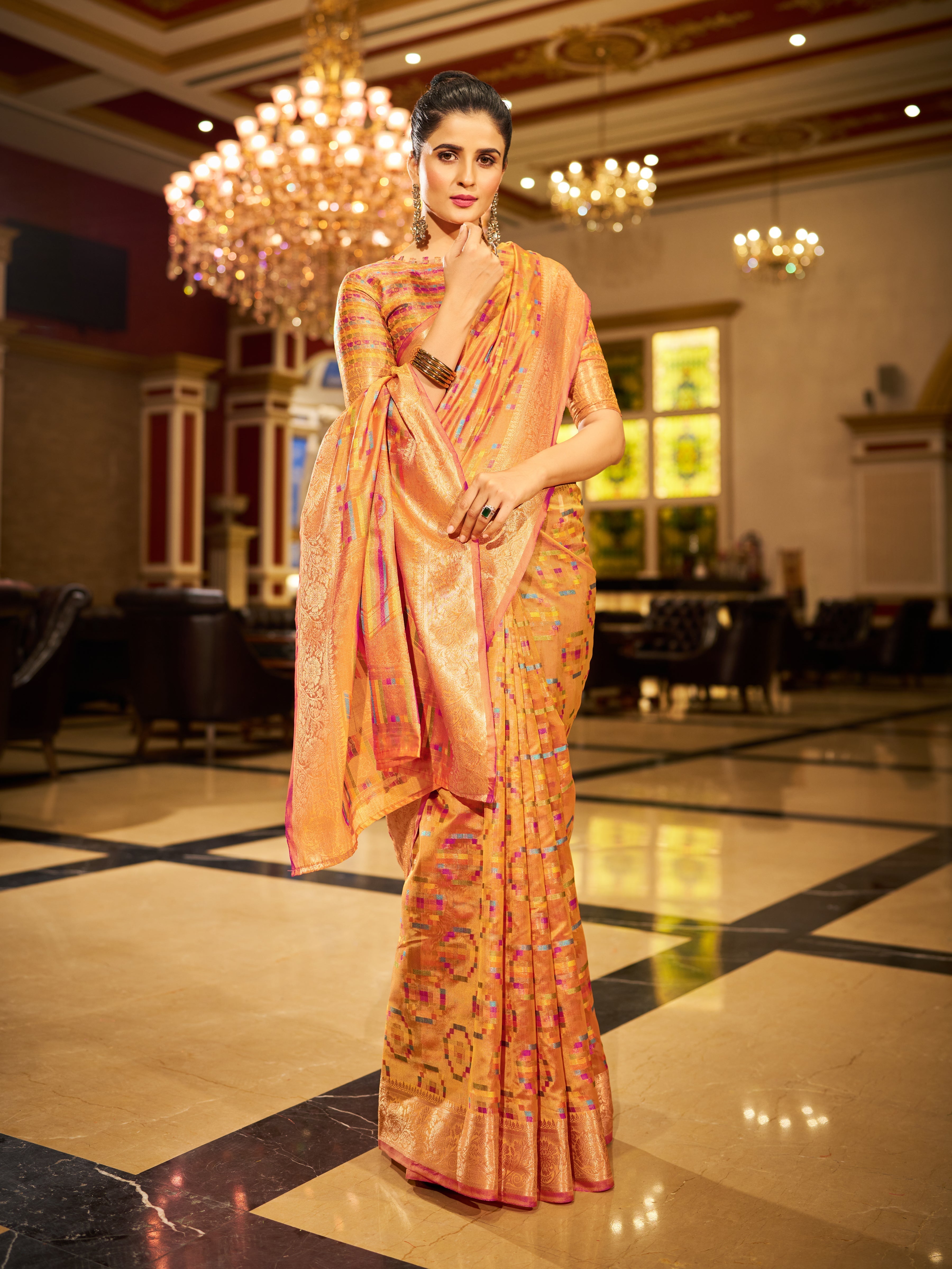 Yellow Regal Kanjeevaram Organza Saree with Zari Woven Border