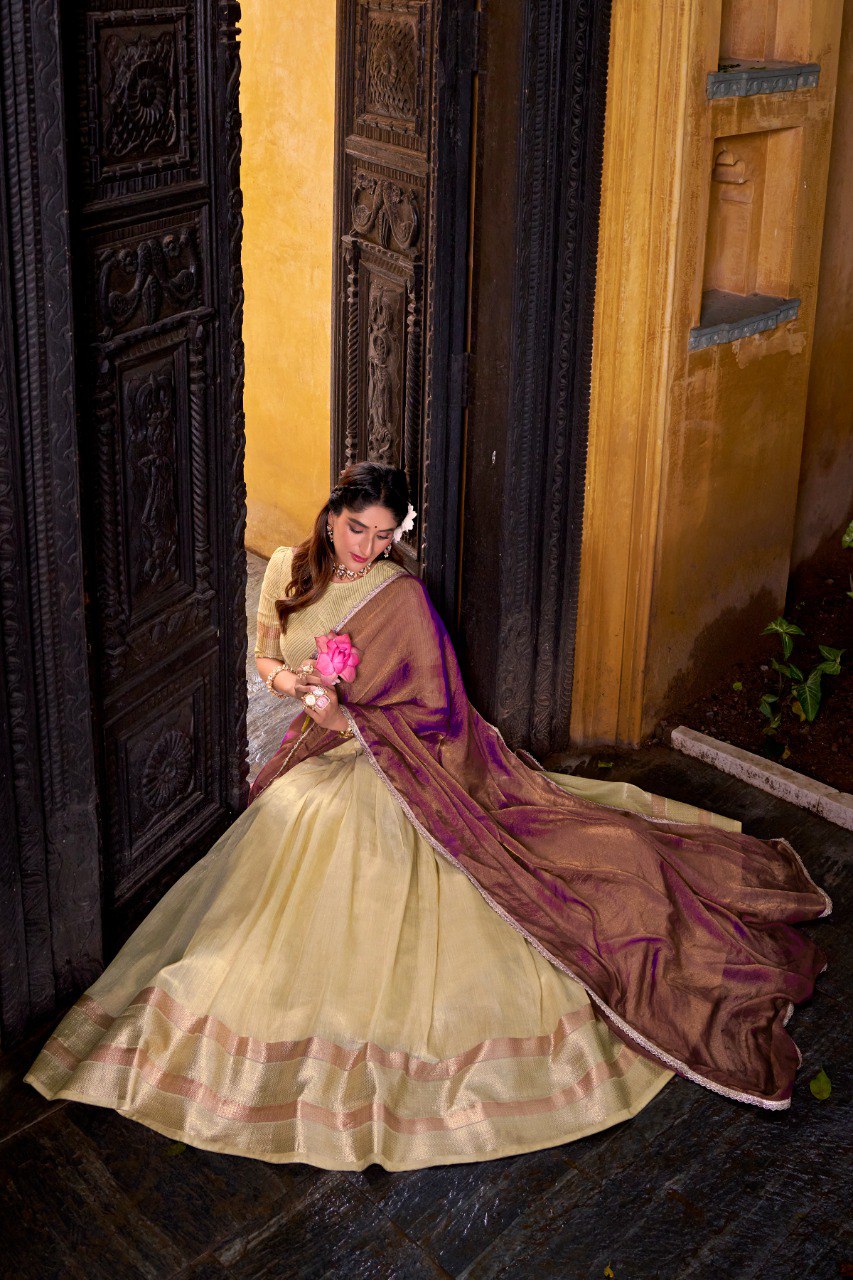 Yellow Royal Dupion Silk Zari Weaving Lehenga Choli with Zari Shimmer Dupatta – Stitched Traditional Ensemble