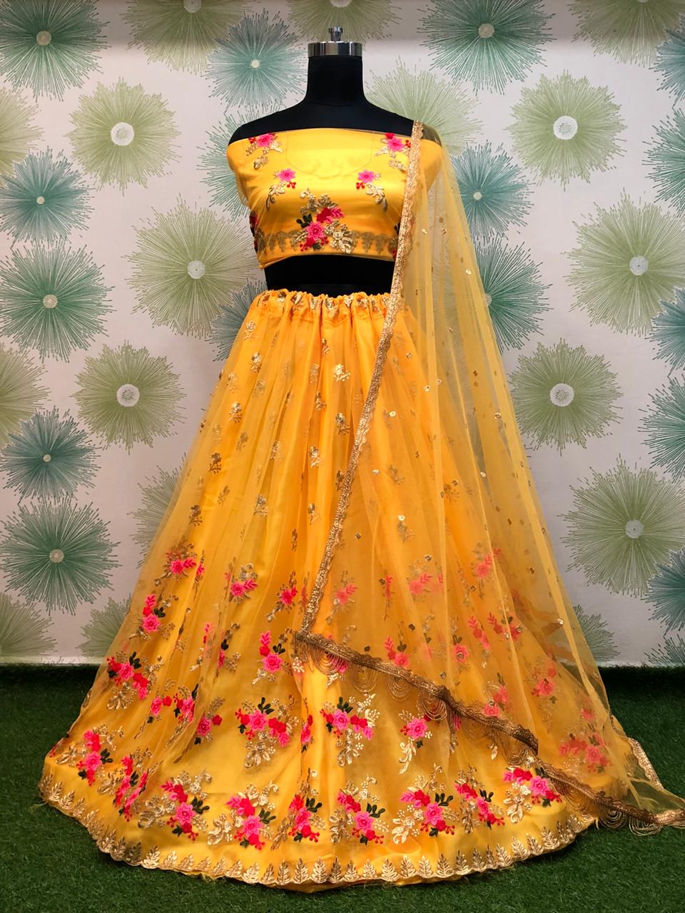 Yellow Royal Heavy Net Embroidered Lehenga Set – Zari & Thread Work