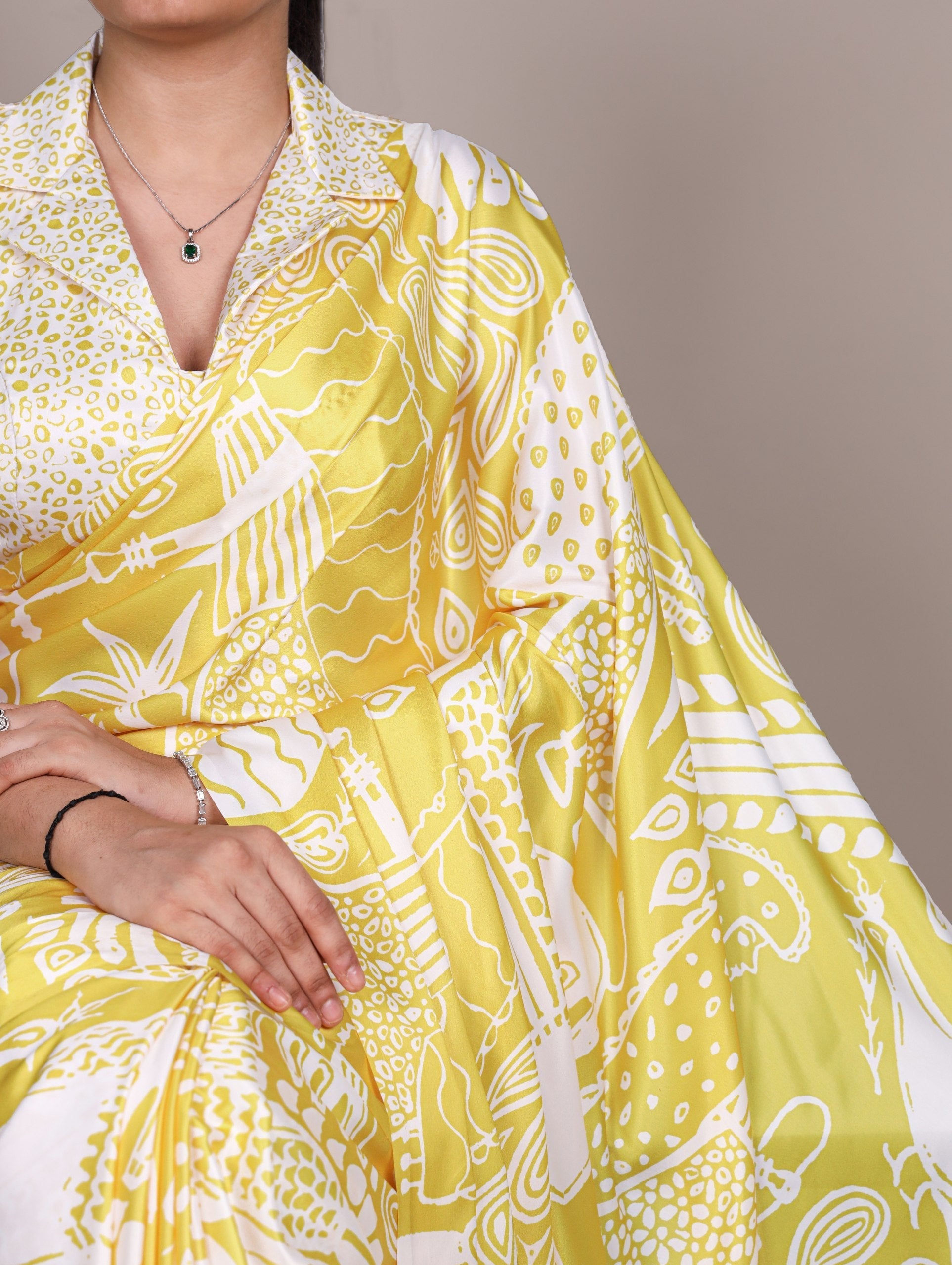 Yellow Satin Silk Printed Saree
